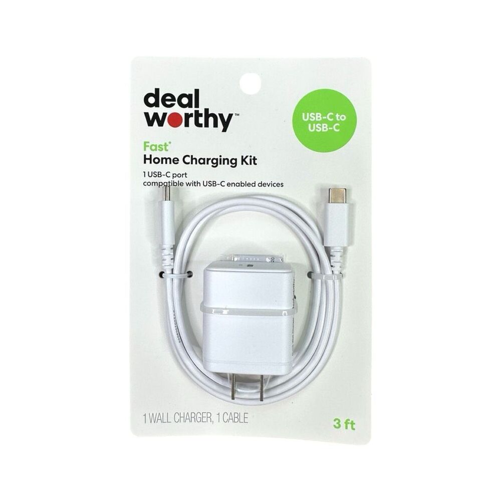 dealworthy Single Port 20W USB-C Home Charger 3’ USB-C to USB-C Cable - White